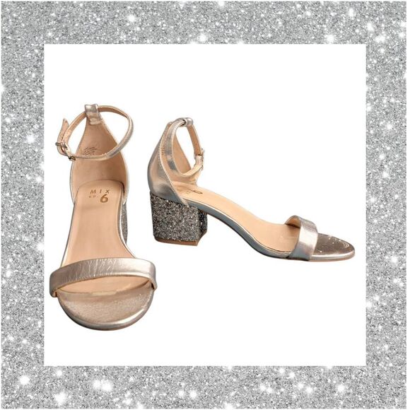Formal Silver Metallic and Sparkle Chunky Heels Strappy Sandals Shoes - Picture 9 of 10